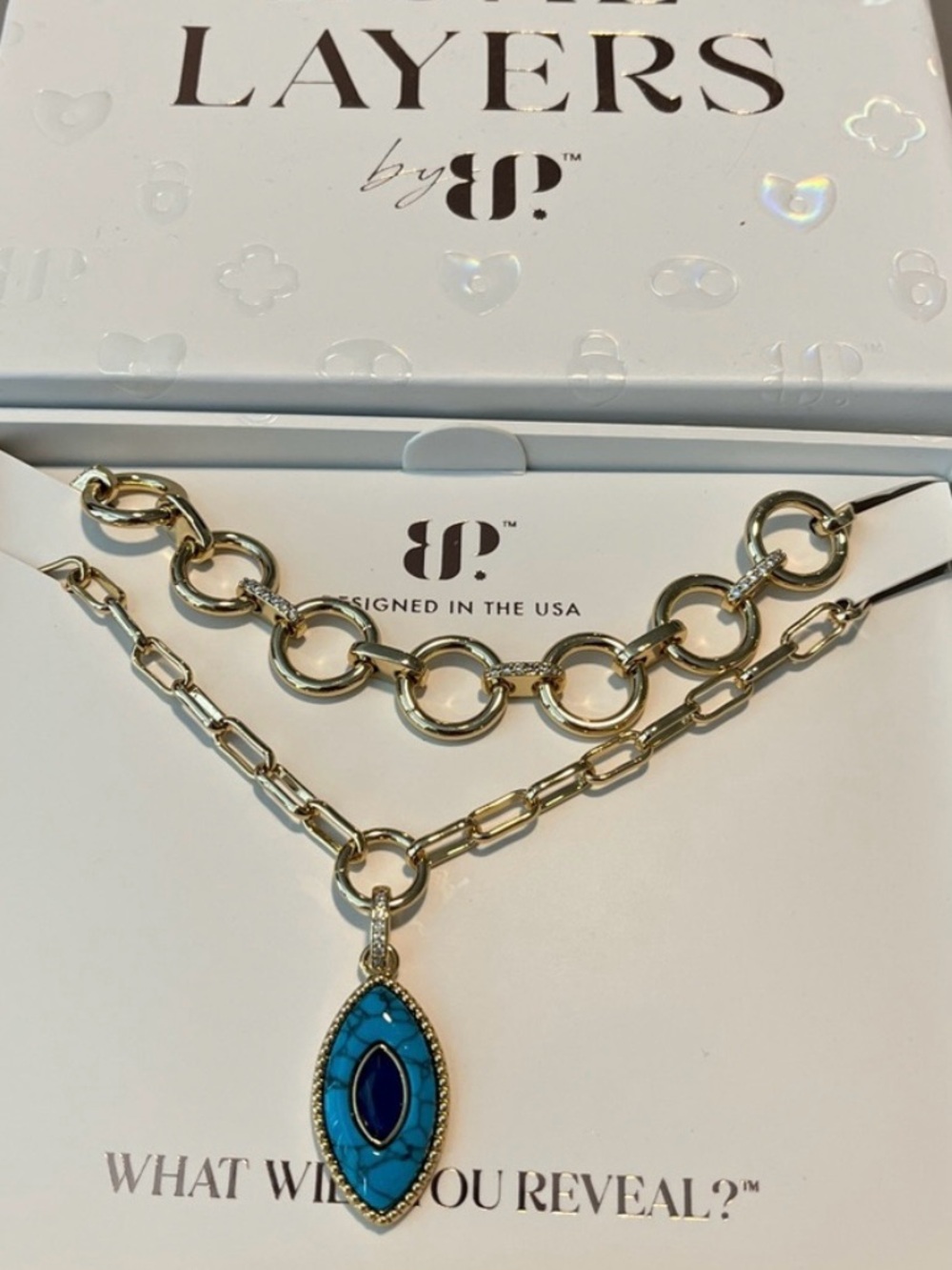 Gold-Tone Layered Necklace with Turquoise Blue Marquise Pendant